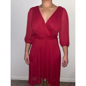 Chaps Red V-Neck Midi Dress 3/4 Sleeve Size 12 Work Wedding Summer